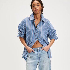 We the Free People Striped Varsity Vibes Button Down Shirt in Blue Combo